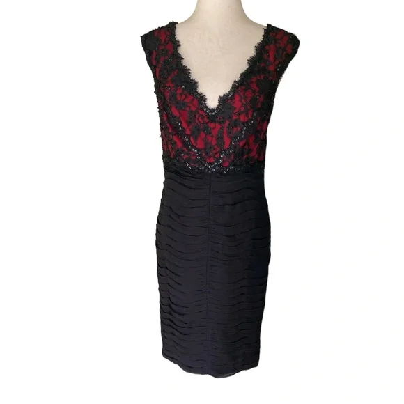 Tadashi Shoji | Dresses | Tadashi Shoji Black Red Lace Beaded Sequin Ruched  Slip Sheath Dress | Poshmark